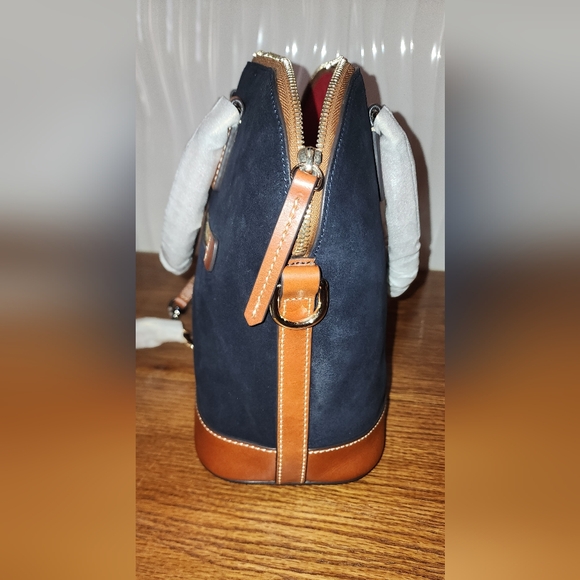 NWT** DOONEY & BOURKE - Dome Zip Satchel, Navy Suede and Tan Leather - Picture 3 of 10